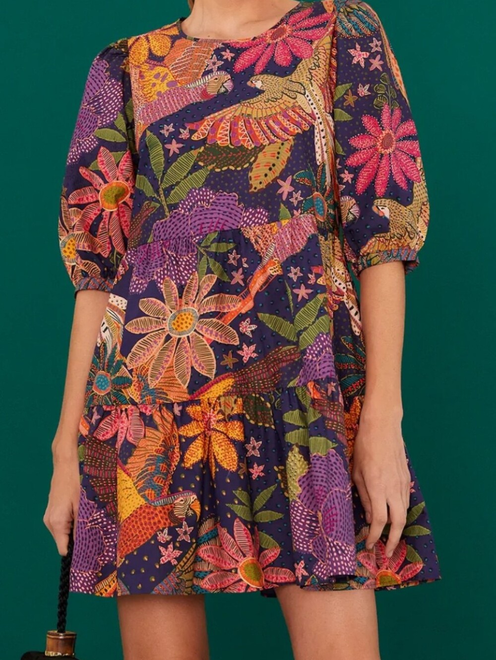 Farm Rio Cool Macaw Tiered Mini Dress Size Large